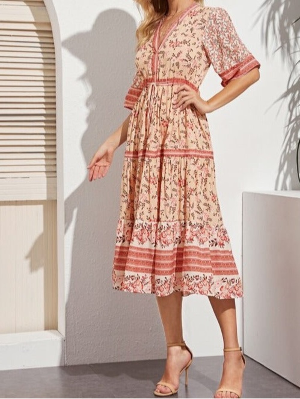 Bohemian Peach Floral Midi Dress with Pink Accents